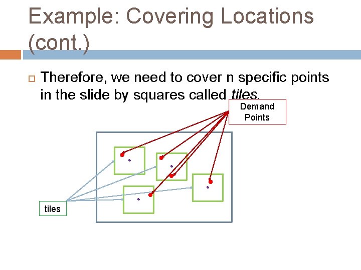 Example: Covering Locations (cont. ) Therefore, we need to cover n specific points in