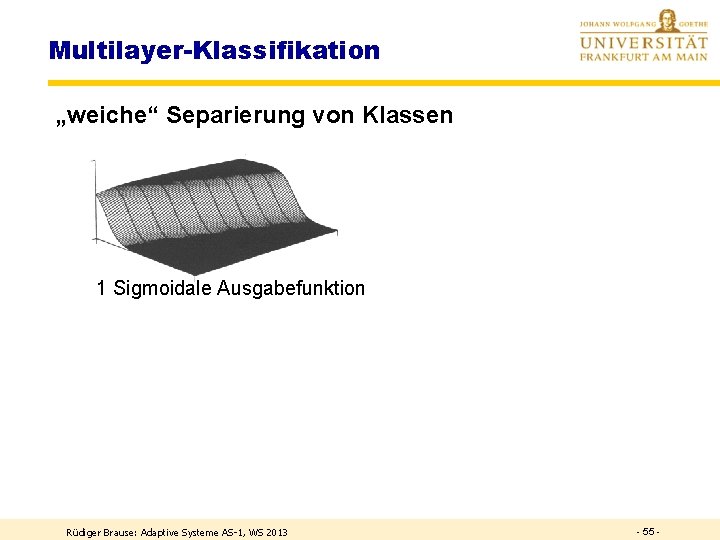 Multilayer-Klassifikation „weiche“ Separierung von Klassen 1 Sigmoidale Ausgabefunktion 4 Sigmoidale Ausgaben Rüdiger Brause: Adaptive