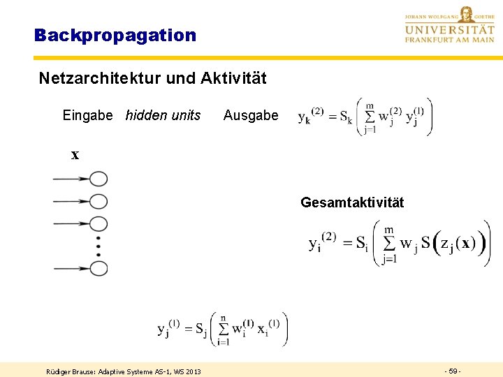 Backpropagation Netzarchitektur und Aktivität Eingabe hidden units Ausgabe x Gesamtaktivität Rüdiger Brause: Adaptive Systeme