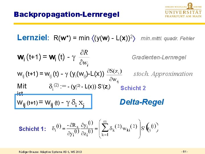 Backpropagation-Lernregel Lernziel: R(w*) = min (y(w) - L(x))2 wi (t+1) = wi (t) -