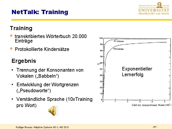 Net. Talk: Training § transkribiertes Wörterbuch 20. 000 Einträge § Protokollierte Kindersätze Ergebnis •