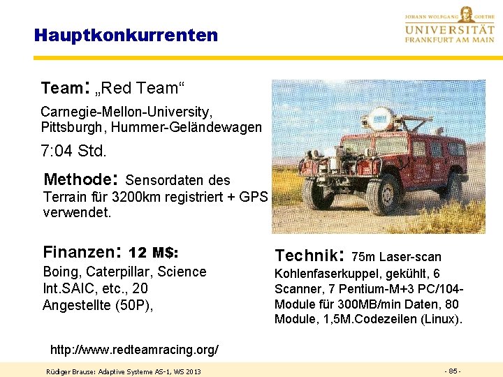 Hauptkonkurrenten Team: „Red Team“ Carnegie-Mellon-University, Pittsburgh, Hummer-Geländewagen 7: 04 Std. Methode: Sensordaten des Terrain