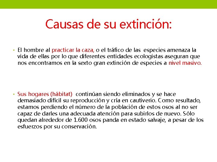 Causas de su extinción: • El hombre al practicar la caza, o el tráfico