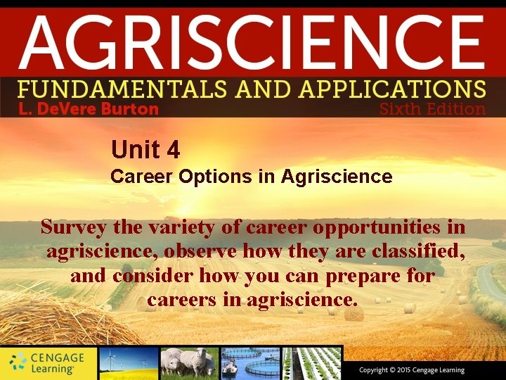 Unit 4 Career Options in Agriscience Survey the variety of career opportunities in agriscience,