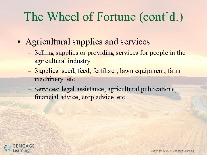 The Wheel of Fortune (cont’d. ) • Agricultural supplies and services – Selling supplies