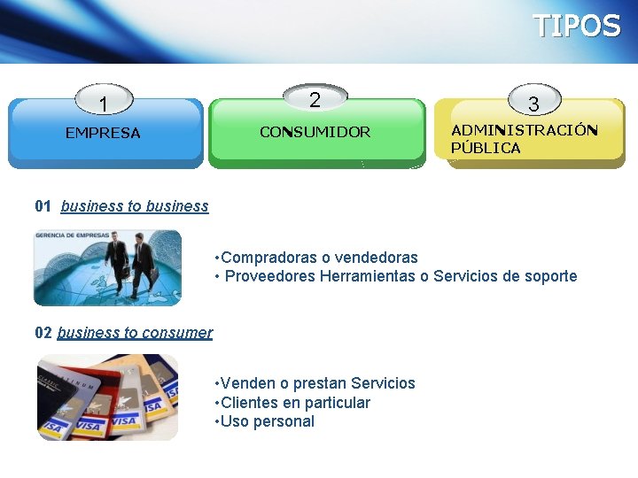 TIPOS 1 2 EMPRESA CONSUMIDOR 3 ADMINISTRACIÓN PÚBLICA 01 business to business • Compradoras
