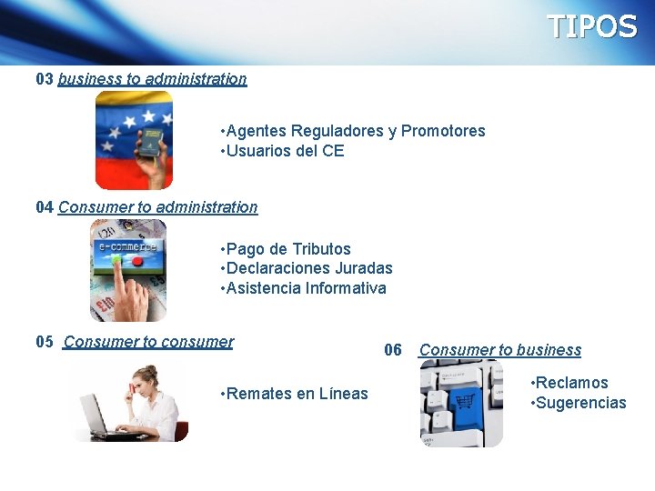 TIPOS 03 business to administration • Agentes Reguladores y Promotores • Usuarios del CE