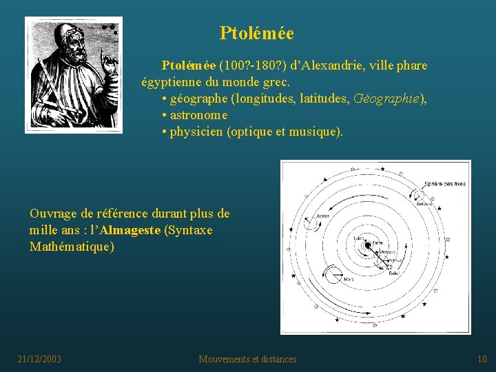 Ptolémée (100? -180? ) d’Alexandrie, ville phare égyptienne du monde grec. • géographe (longitudes,