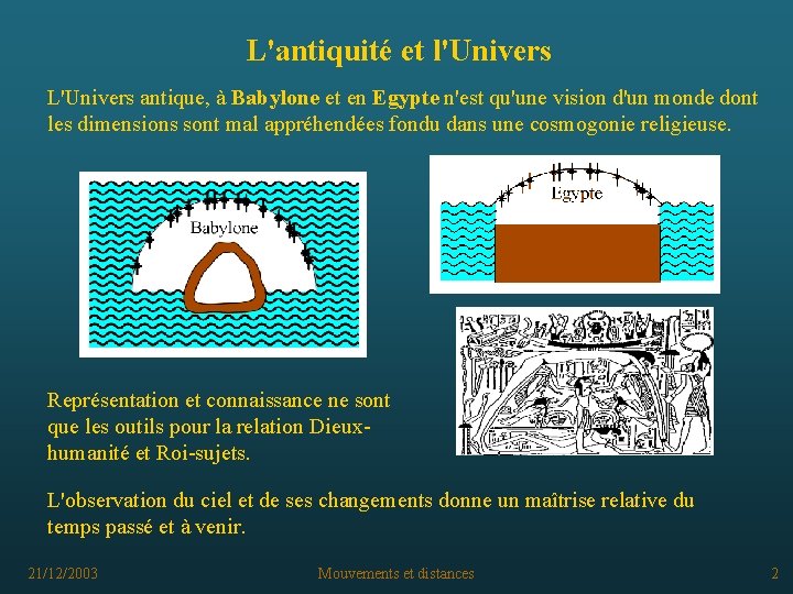 L'antiquité et l'Univers L'Univers antique, à Babylone et en Egypte n'est qu'une vision d'un