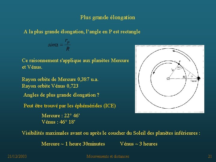 Plus grande élongation A la plus grande élongation, l’angle en P est rectangle Ce