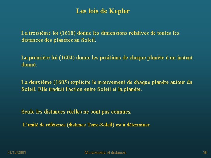 Les lois de Kepler La troisième loi (1618) donne les dimensions relatives de toutes