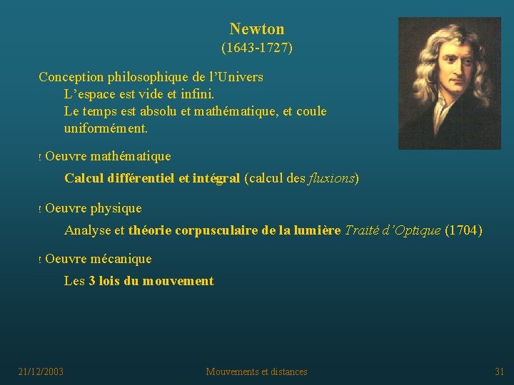 Newton (1643 -1727) Conception philosophique de l’Univers L’espace est vide et infini. Le temps