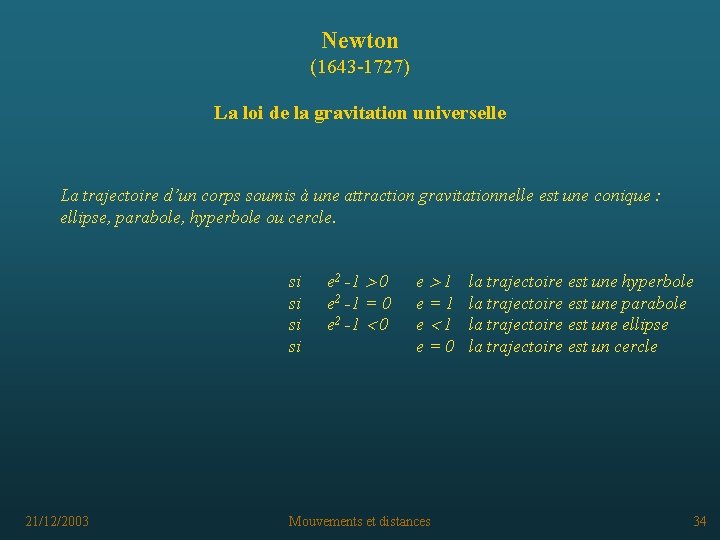 Newton (1643 -1727) La loi de la gravitation universelle La trajectoire d’un corps soumis