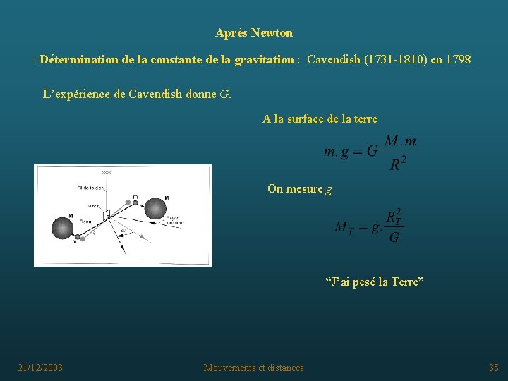 Après Newton ! Détermination de la constante de la gravitation : Cavendish (1731 -1810)