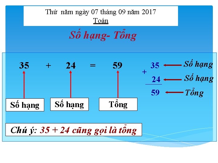 Thứ năm ngày 07 tháng 09 năm 2017 Toán Số hạng- Tổng 35 Số