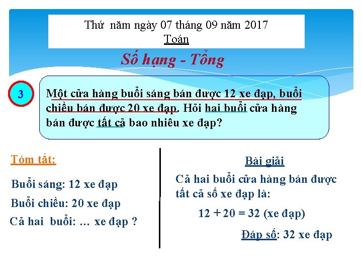 Thứ năm ngày 07 tháng 09 năm 2017 Toán Số hạng - Tổng 3