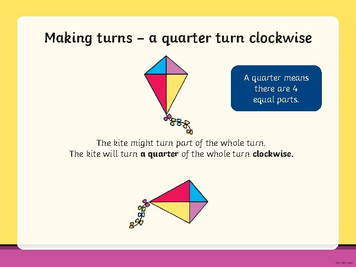 Making turns – a quarter turn clockwise A quarter means there are 4 equal