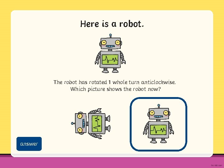 Here is a robot. The robot has rotated 1 whole turn anticlockwise. Which picture