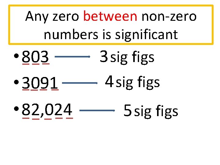 Any zero between non-zero numbers is significant • 803 • 3091 • 82, 024