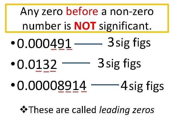 Any zero before a non-zero number is NOT significant. 3 sig figs • 0.