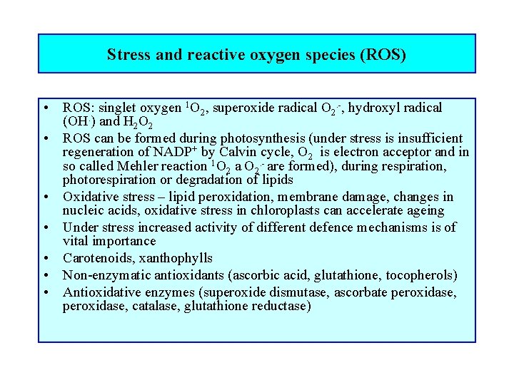 Stress and reactive oxygen species (ROS) • ROS: singlet oxygen 1 O 2, superoxide