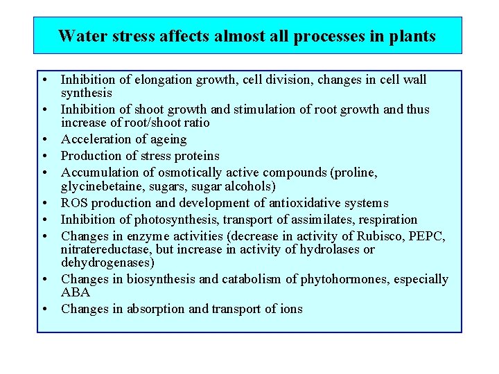 Water stress affects almost all processes in plants • Inhibition of elongation growth, cell