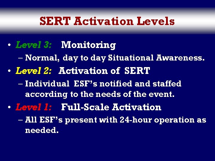 SERT Activation Levels • Level 3: Monitoring – Normal, day to day Situational Awareness.