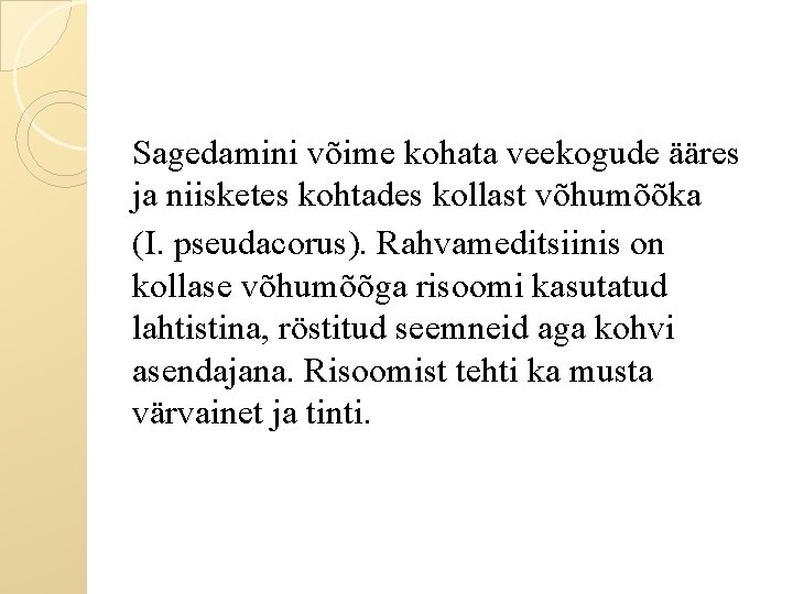 Sagedamini võime kohata veekogude ääres ja niisketes kohtades kollast võhumõõka (I. pseudacorus). Rahvameditsiinis on