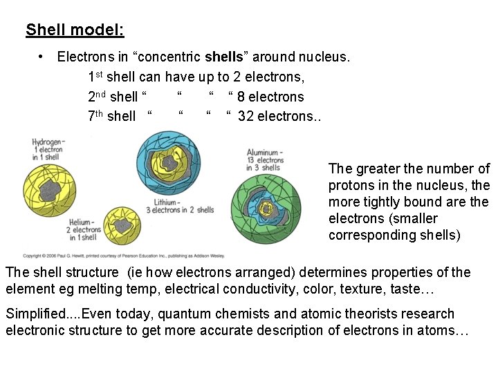 Shell model: • Electrons in “concentric shells” around nucleus. 1 st shell can have