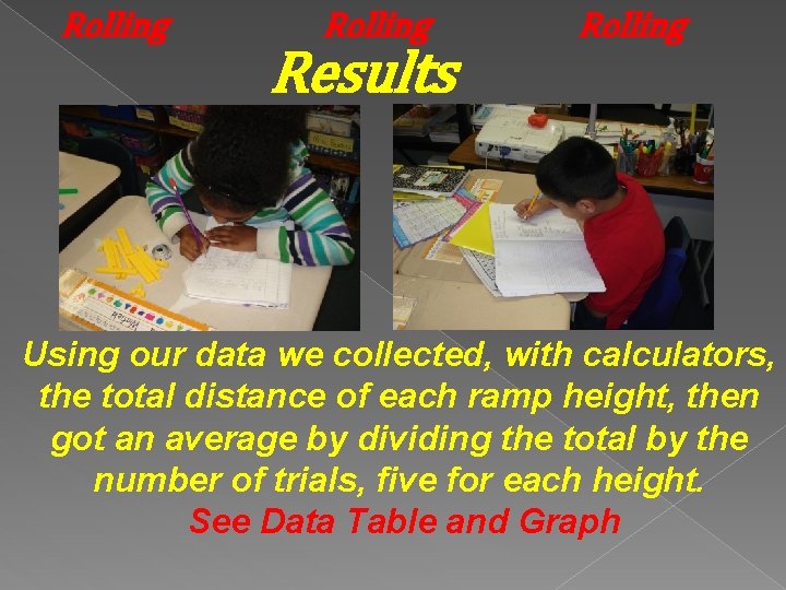 Rolling Results Rolling Using our data we collected, with calculators, the total distance of