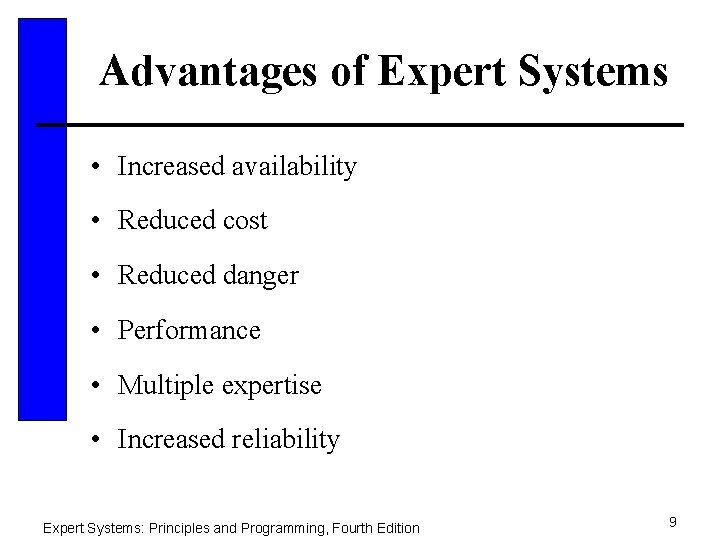 Advantages of Expert Systems • Increased availability • Reduced cost • Reduced danger •