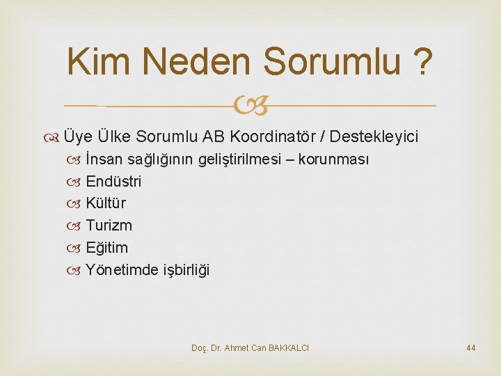 Kim Neden Sorumlu ? Üye Ülke Sorumlu AB Koordinatör / Destekleyici İnsan sağlığının geliştirilmesi