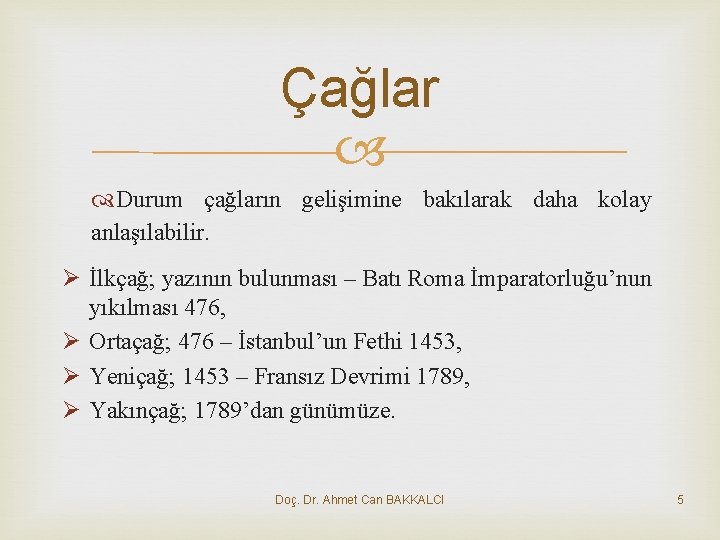 Çağlar Durum çağların gelişimine bakılarak daha kolay anlaşılabilir. İlkçağ; yazının bulunması – Batı Roma