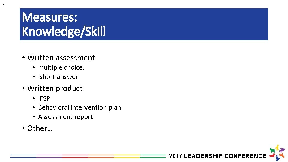 7 Measures: Knowledge/Skill • Written assessment • multiple choice, • short answer • Written