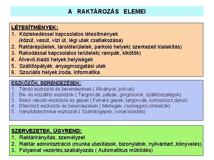 A RAKTÁROZÁS ELEMEI LÉTESÍTMÉNYEK: 1. Közlekedéssel kapcsolatos létesítmények (közút, vasút, vízi út, légi utak