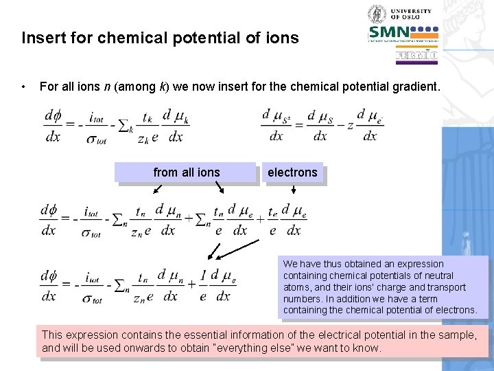 Insert for chemical potential of ions • For all ions n (among k) we