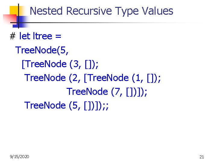 Nested Recursive Type Values # let ltree = Tree. Node(5, [Tree. Node (3, []);