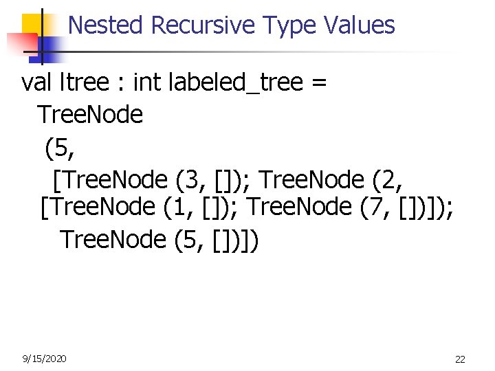 Nested Recursive Type Values val ltree : int labeled_tree = Tree. Node (5, [Tree.