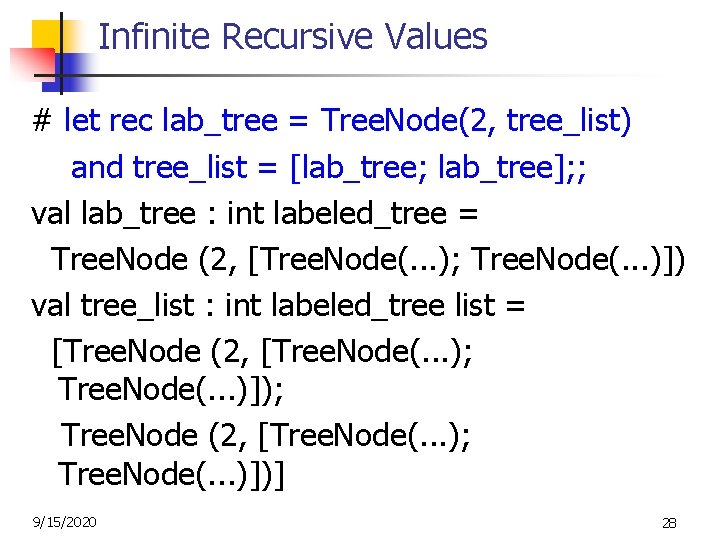 Infinite Recursive Values # let rec lab_tree = Tree. Node(2, tree_list) and tree_list =