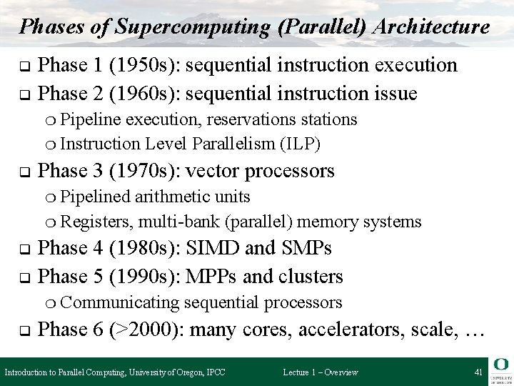 Phases of Supercomputing (Parallel) Architecture q q Phase 1 (1950 s): sequential instruction execution