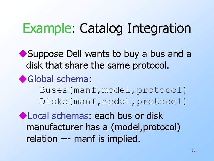 Example: Catalog Integration u. Suppose Dell wants to buy a bus and a disk Example: Catalog Integration u. Suppose Dell wants to buy a bus and a disk