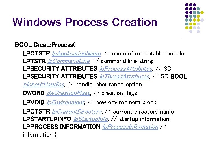 Windows Process Creation BOOL Create. Process( LPCTSTR lp. Application. Name, // name of executable