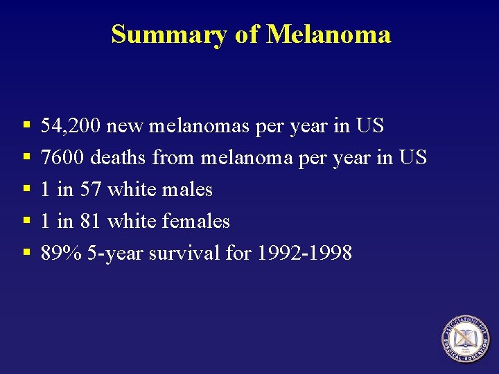 Summary of Melanoma § § § 54, 200 new melanomas per year in US