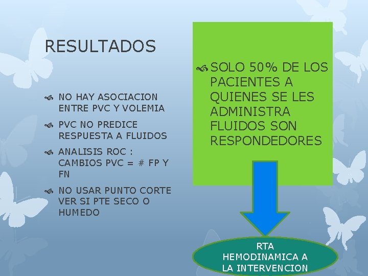 RESULTADOS NO HAY ASOCIACION ENTRE PVC Y VOLEMIA PVC NO PREDICE RESPUESTA A FLUIDOS