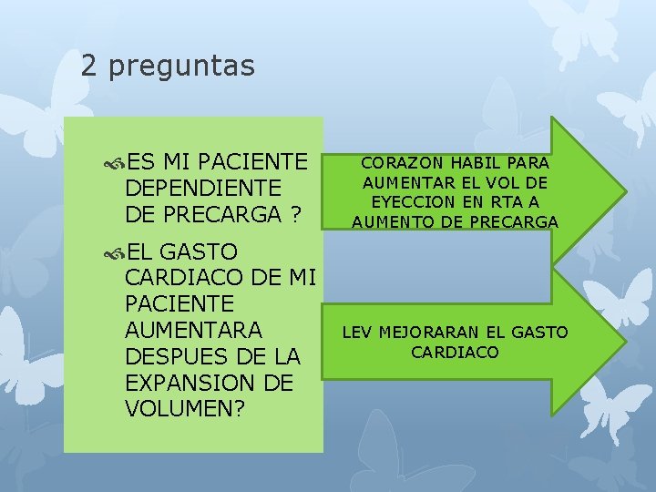 2 preguntas ES MI PACIENTE DEPENDIENTE DE PRECARGA ? EL GASTO CARDIACO DE MI