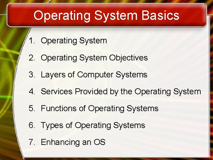 Operating System Basics 1. Operating System 2. Operating System Objectives 3. Layers of Computer