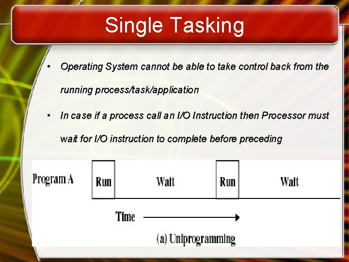 Single Tasking • Operating System cannot be able to take control back from the