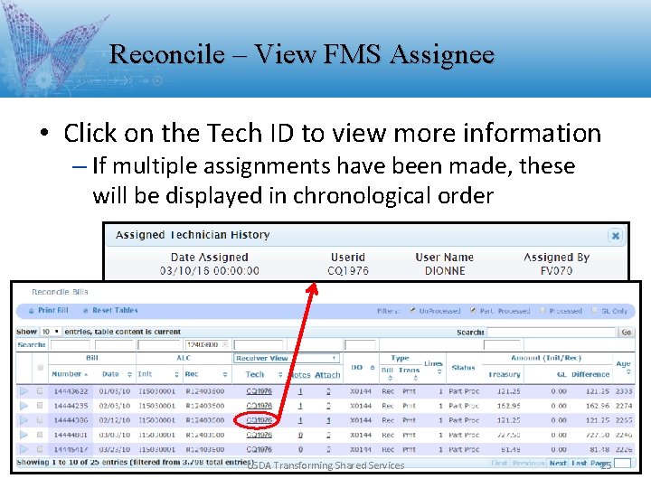 Reconcile – View FMS Assignee • Click on the Tech ID to view more Reconcile – View FMS Assignee • Click on the Tech ID to view more