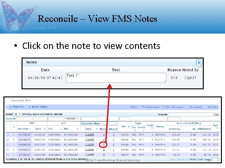 Reconcile – View FMS Notes • Click on the note to view contents USDA Reconcile – View FMS Notes • Click on the note to view contents USDA