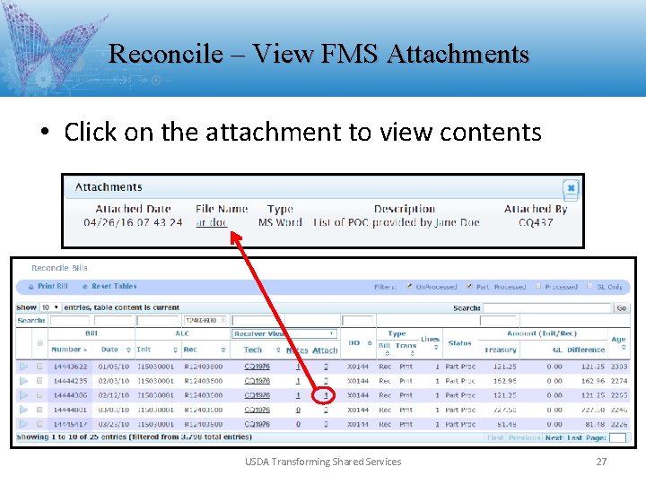 Reconcile – View FMS Attachments • Click on the attachment to view contents USDA Reconcile – View FMS Attachments • Click on the attachment to view contents USDA